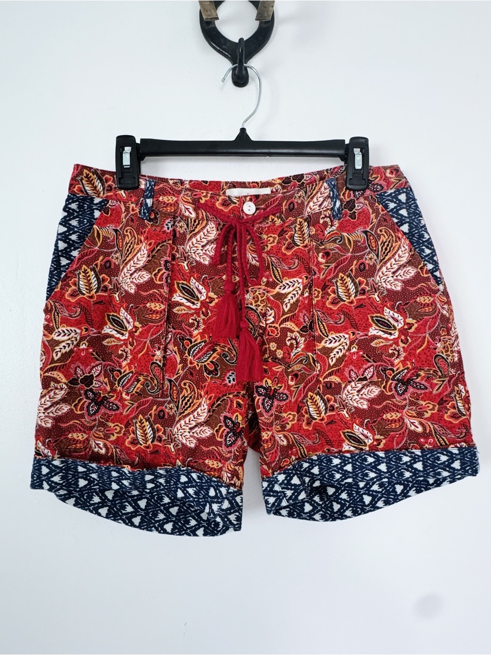 Sundance Kalini Red Floral Boho Shorts Tassel Tie Size S Cotton / Linen